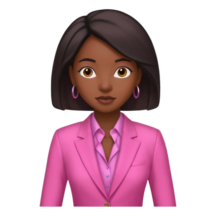 Darkskin black woman wearing a pink suit with a silk press sticker