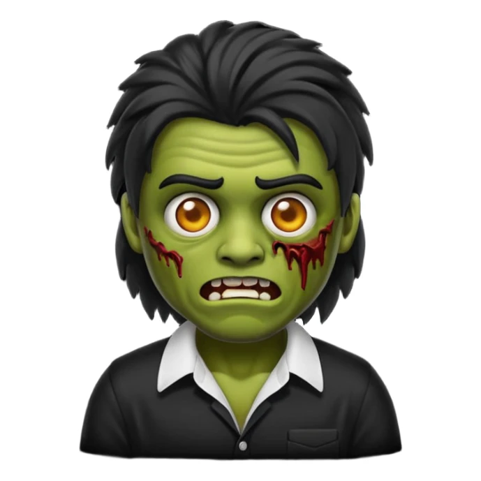 Emoji masculino de zumbi estilo iPhone,com cabelo ondulado mullet e preto, camisa preta e brincos sticker