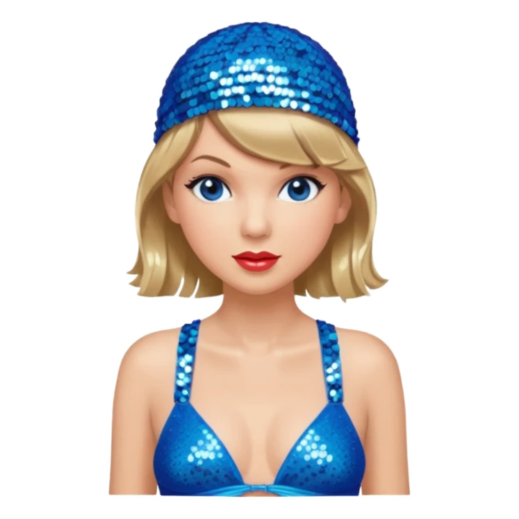 Taylor Swift wearing a blue bathing suit with sparkly sequin straps. She is also wearing a sequin blue swim cap with a sequin strap going under her chin. She has a blue tinsel boa draped over her shoulders. sticker