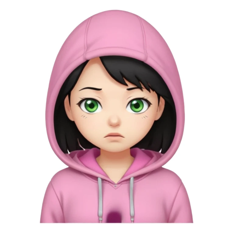 Cute chibi-style emote with exaggerated facial expressions, rounded proportions, and soft colors inspired by kawaii aesthetics.  Perplexed or uncertain look, raised eyebrow or tilted head, slightly funny and relatable. female with black hair and greeneyes wearing a pink hoodie sticker