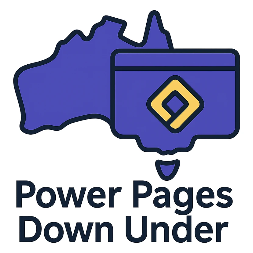 Make the icon more colorful by using #403DAD, a vibrant purple, and #fff7ad as accent colors. Keep the map of Australia with the official Microsoft Power Pages icon overlay and the text 'Power Pages Down Under' in a clean, modern font. No digital web overlay sticker