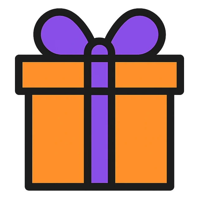 A vibrant orange gift box with a purple ribbon sticker