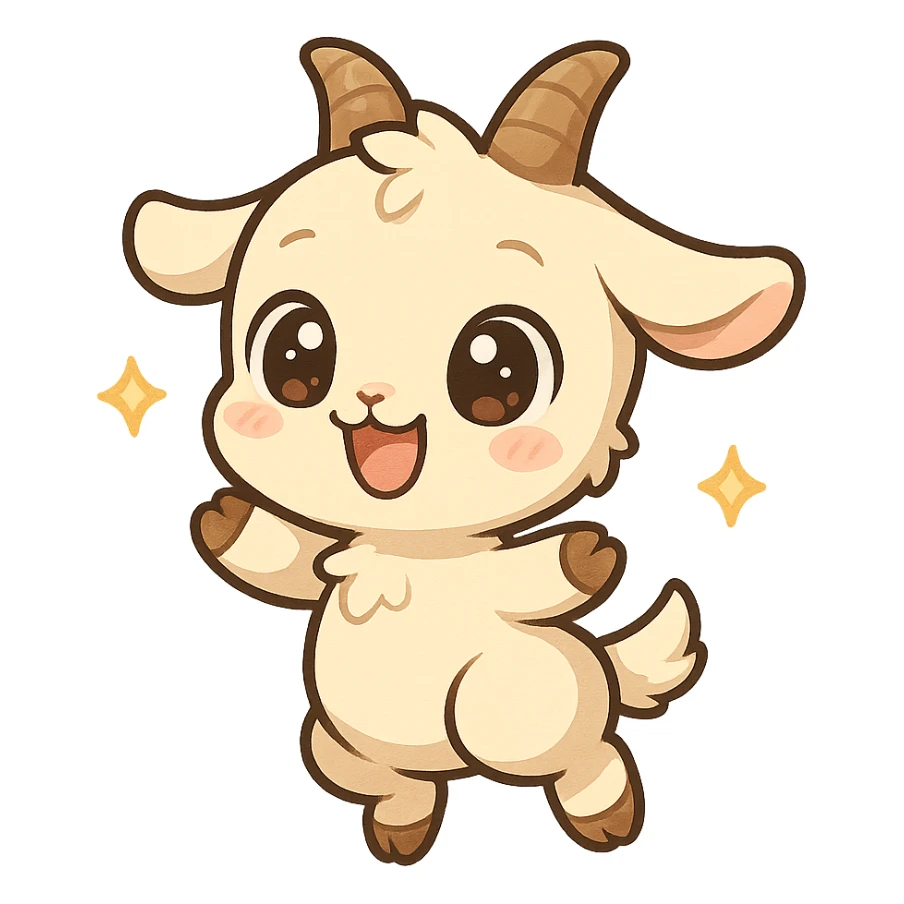 chibi goat, joyful, big sparkling eyes, jumping with excitement, simple background sticker