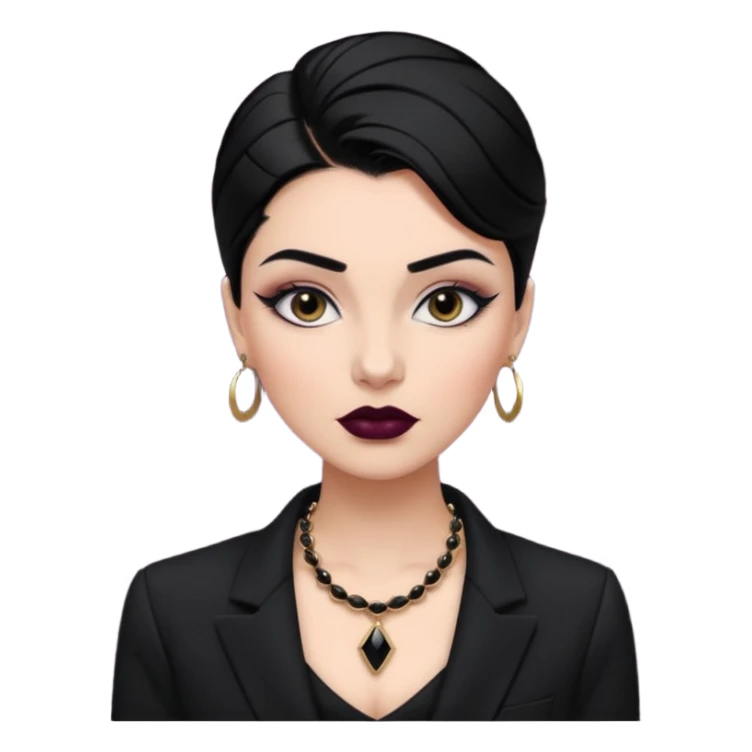 “Emoji girl, sculpted contour, bold dark lipstick, defined brows, sharp eyeliner, sleek black hair updo, statement necklace, black blazer.” sticker