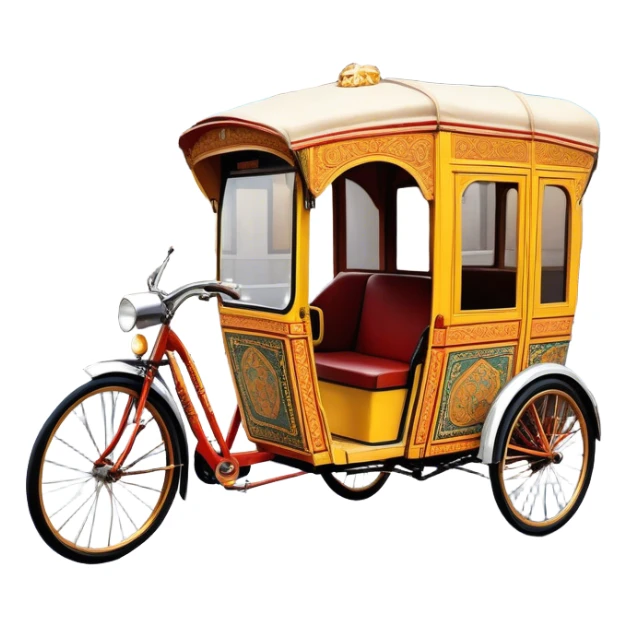 Cyclo rickshaw – Cinematic Realistic Cyclo Rickshaw, depicted as a charming, ornately painted three-wheeled cycle taxi with vintage detailing, set on bustling city streets under dynamic urban lighting that evokes cultural heritage and nostalgic charm. sticker
