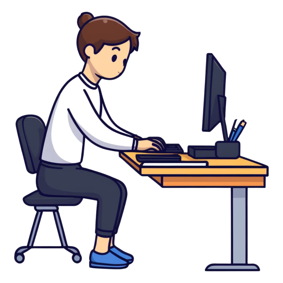 Person sitting at desk with proper ergonomic posture sticker