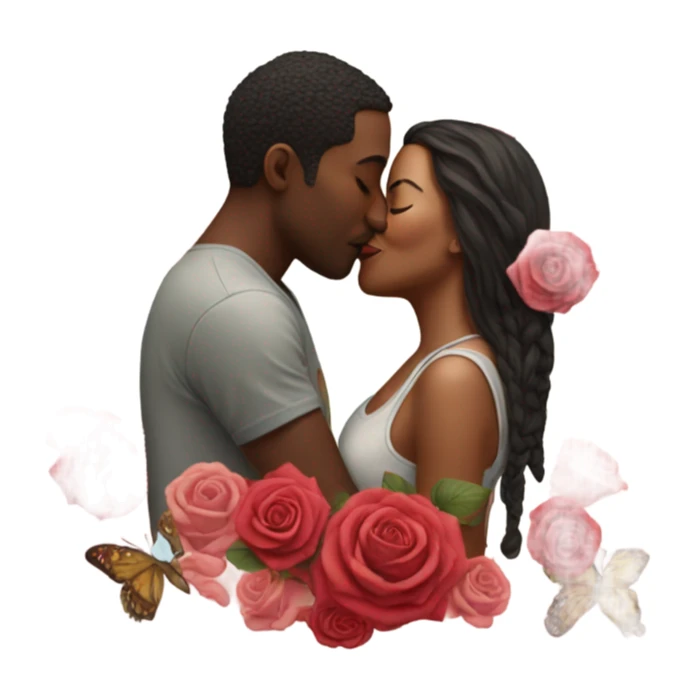 Hyper Realistic Couple kissing surrounded by roses and butterflies  sticker