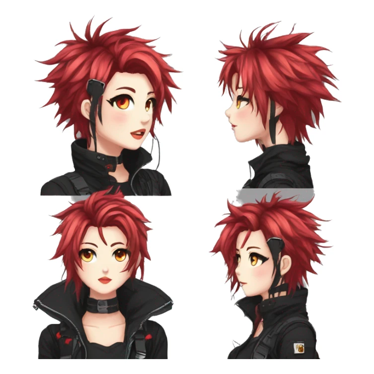 Gorgeous techwear anime style lady with blushing face aesthetic and pretty edgy black red white punk messy hair with collar and harness trending style sticker