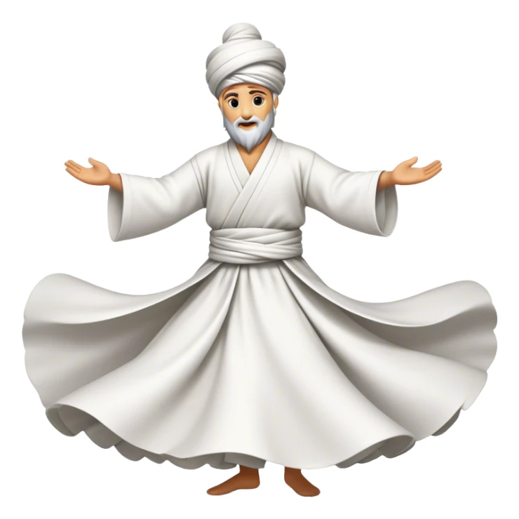 Cinematic Realistic Whirling Dervish Dance Emoji, depicted as a mesmerizing traditional Sufi dance scene with flowing robes and dynamic movement, rendered with vibrant textures and swirling mystical lighting that captures its spiritual energy. sticker