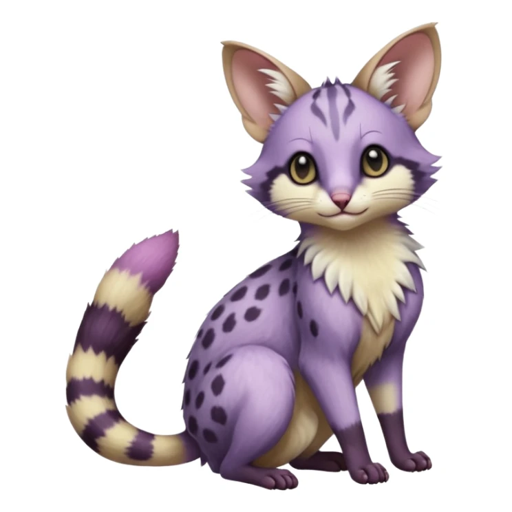 Purple, soft realistic romantic vintage antique divine beautiful elegant pretty precious cute young youthful  Fakémon-Pokémon-opossum-feline-mouse-serval-caracal-chinchilla-Minccino-Cinccino-Meowstic-rodent-hybrid-creature with a tufted tail (full body) sticker