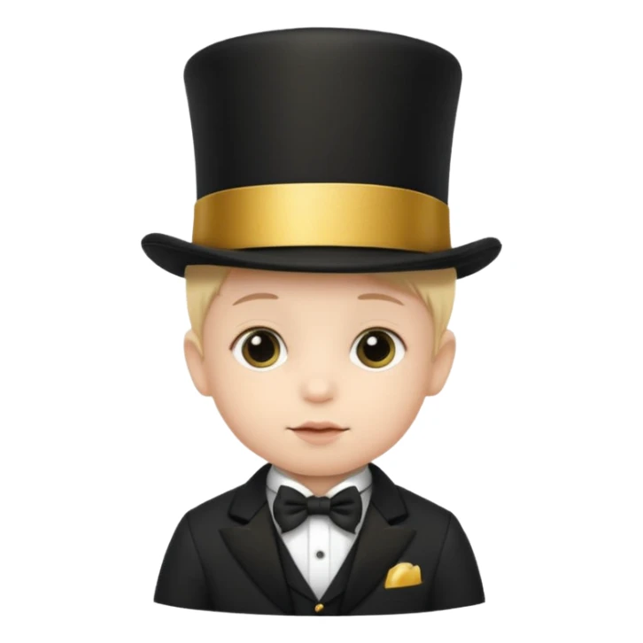 a baby in a black top hat with a gold stripe sticker