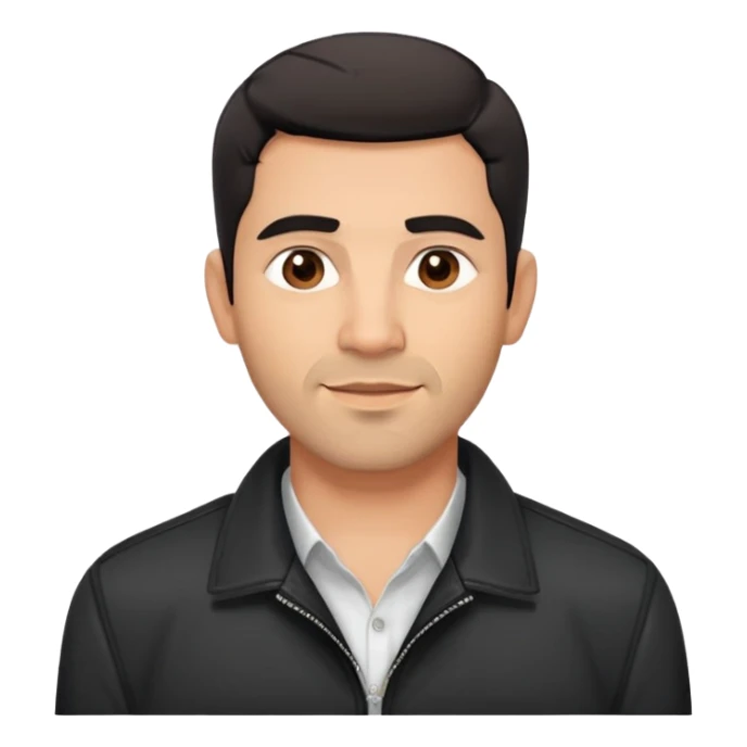 Slightly older attractive broad-shouldered Hispanic TV presenter, light brown complexion, square face with defined jawline, short black hair with clear fade haircut, light scruff facial hair, friendly expression, unbuttoned black jacket with white shirt sticker