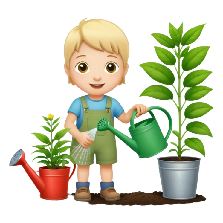 child watering plants with a watering can, cheerful and green sticker