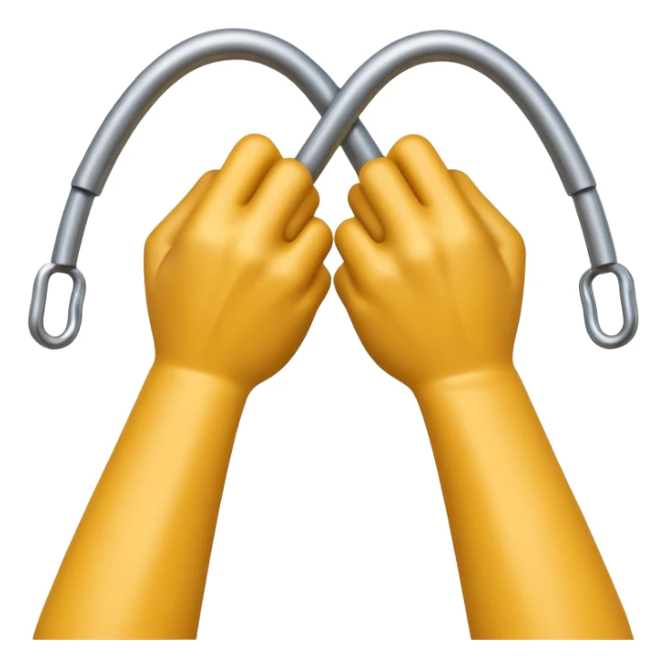 Apple-style 3D emoji of two cartoon hands tightly gripping and bending a solid metal rod, showing visible strain and tension lines around the bend, with dynamic motion curves to emphasize the effort, realistic lighting and smooth Apple emoji texture, no background. sticker
