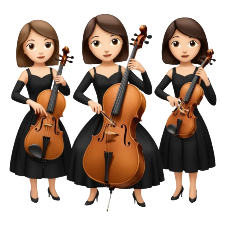 Create an imagine of three brunette women playing string instruments in black dresses, the first is playing a cello, the second is playing a viola and the third is playing the violin sticker