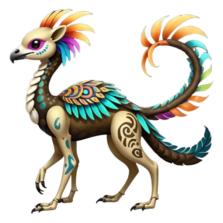Rare realistic dark edgy glossy shiny tropical tribal patterned feathery skeletabadass epic pretty beautiful handsome gorgeous aesthetic colorful vibrant Vernid-Trico-species-Fakemon-creature by LiLaiRa, 4 legs, 1 tail, random markings, (full body) sticker