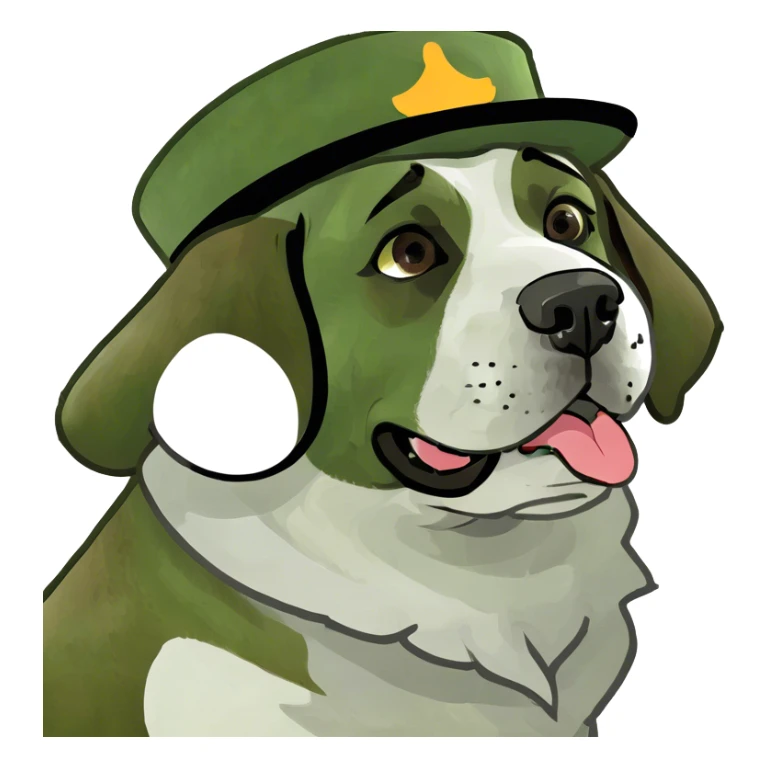 Brown & white Saint Bernard dog wearing a derby hat sticker