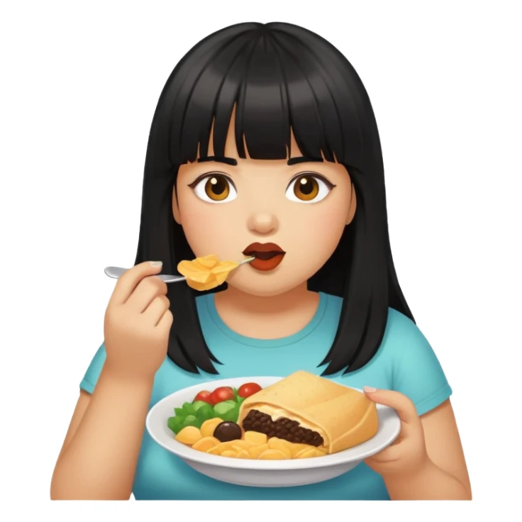Medium skin girl with bangs black long hair plus size with food sticker