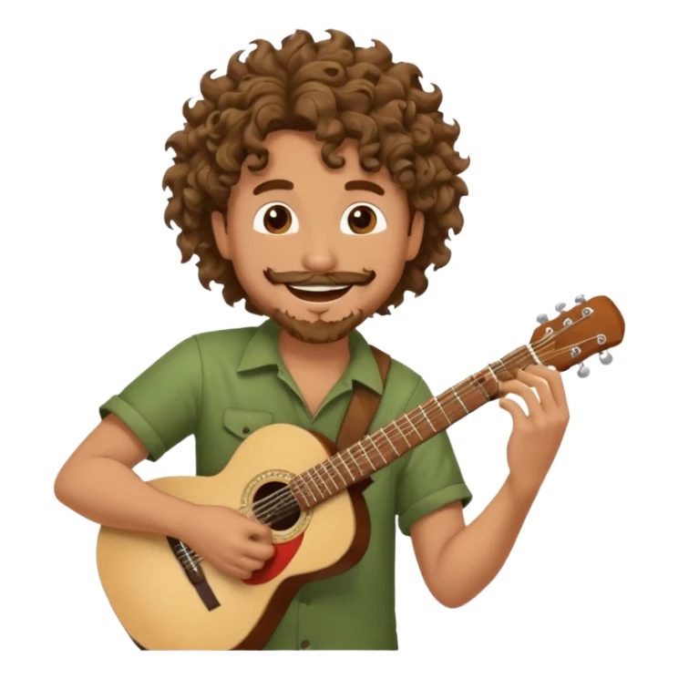 Generate a dude with curly hair and a shitty goatee who is high on marijuana playing the guitar and twisting a strand of his hair sticker