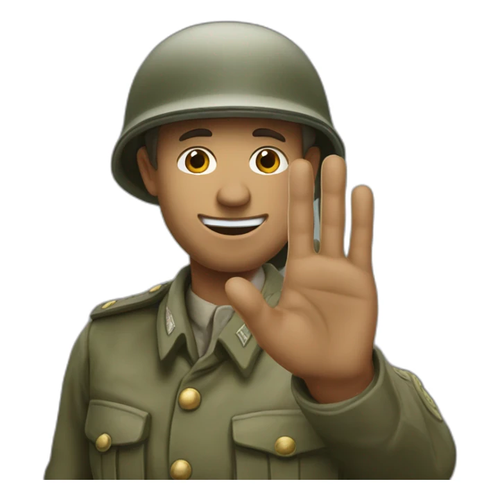 A man in a soldier suit from world war one raising their right hand vertically to around 45 degrees. His arm is stretched out and his face is shown sticker