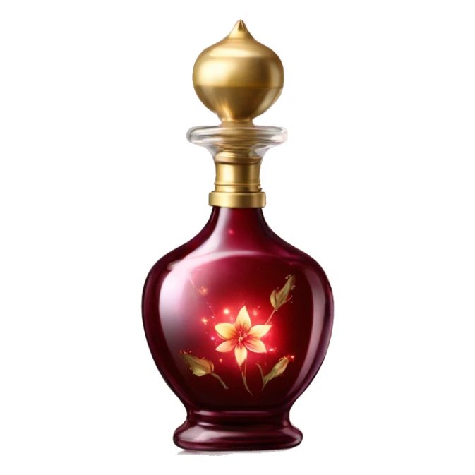 Dark red magic fairy light sparkling old Antique oil perfume bottle with herbal and flowers sticker