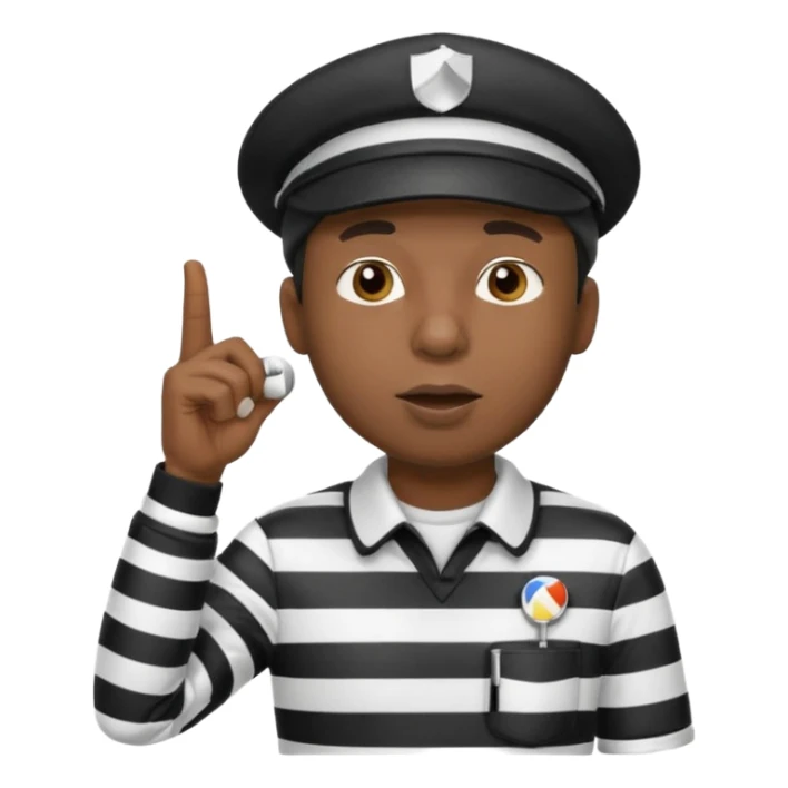 A black calm referee with striped shirt, wearing a cap while blowing a whistle, pointing clearly toward the field. sticker