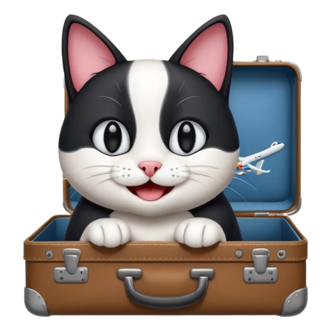 Lachende scwarz weiße Katze verreist mit koffer und flugzeug sticker