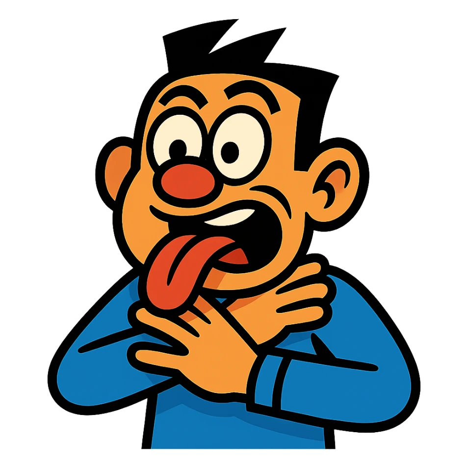 exaggerated slapstick person with crossed eyes, tongue out, hands on neck, comic style, playful and humorous sticker