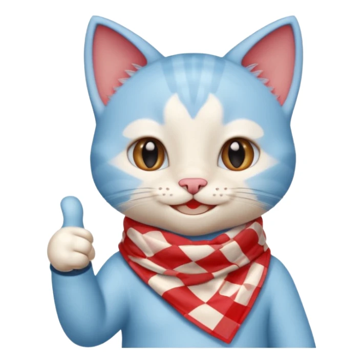 A Baby Blue Cat smiling and giving thumbs up, wearing red Checkered Triangle scarf sticker