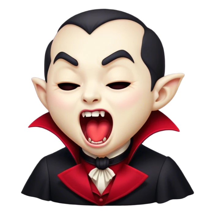 Cinematic Cute Yawning Vampire Portrait Emoji, with a small, rounded, charming pale face accented with tiny playful fangs and droopy, half-closed eyes, head tilted in an adorable wide yawn, dressed in miniature elegant dark attire with a hint of crimson, simplified yet irresistibly endearing, highly detailed with a soft, mysterious glow and gentle outline that captures the cute, drowsy side of an immortal! sticker
