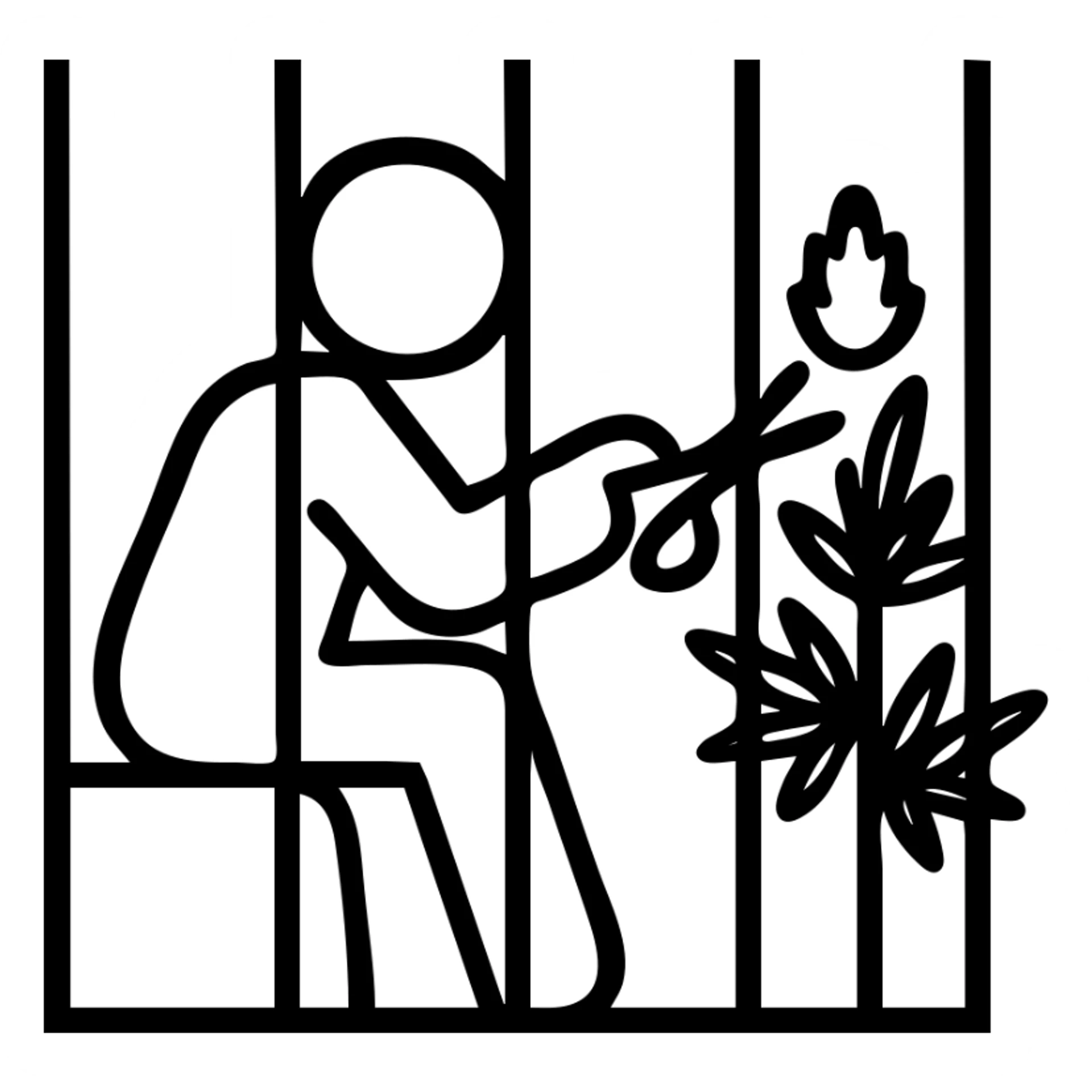 Simple outlined icon of a man sitting behind bars, trimming cannabis buds with scissors. sticker