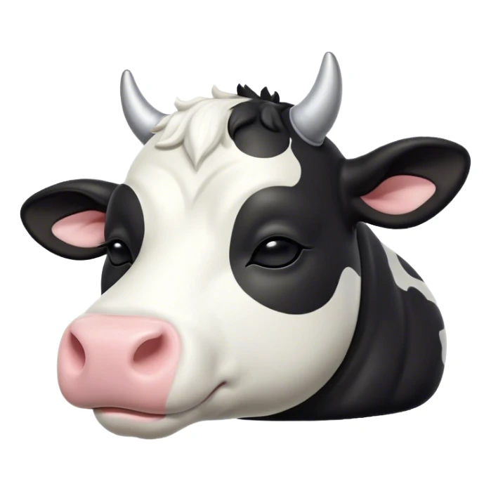 Meme-Worthy Cute Sleeping Black and White Cow Portrait Emoji, Head resting peacefully with a contented smile, showcasing a robust build and a luxuriously soft contrasting coat of black and white, eyes shut in a serene, restful nap, Simplified yet hilariously adorable features, highly detailed, glowing with a soft, drowsy light, high shine, relaxed and utterly lovable, stylized with an air of playful laziness, bright and heartwarming, soft glowing outline, capturing the essence of a comically sleepy cow, so meme-worthy it feels like it could instantly become the next viral sensation of adorable slumber! sticker