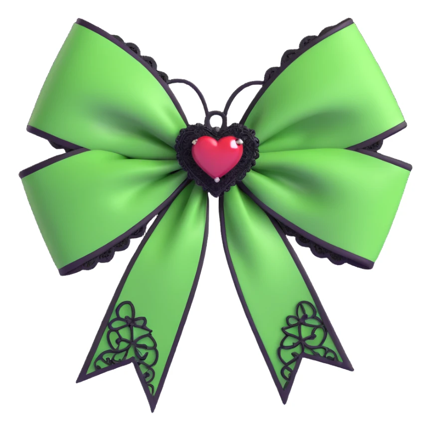 green gothic bow with black lace trim and heart charm, remove background sticker
