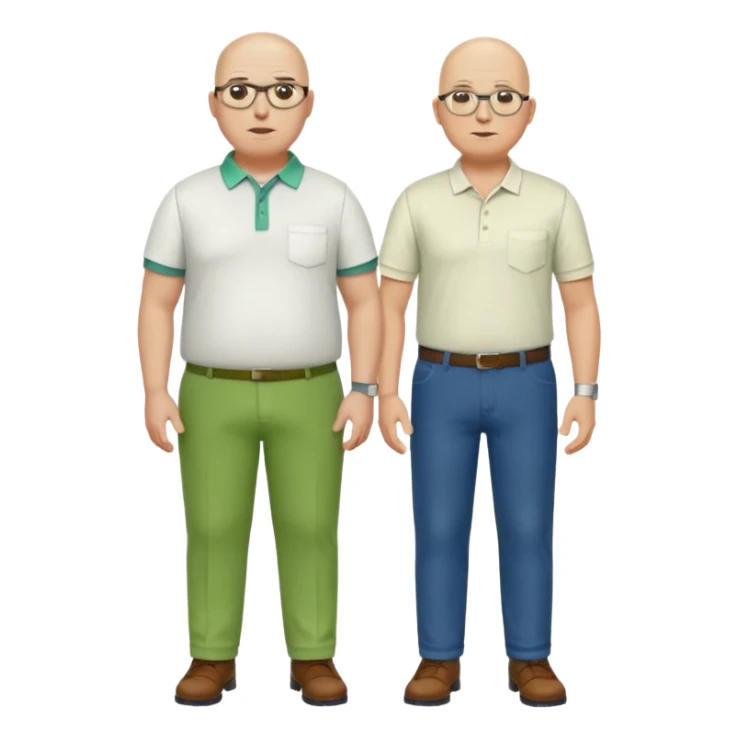 two guys, the first guy is white bald have glases a white dressshirt with rolled up sleeves and green pants he is over weight, The second guy has a yellow skin white golf shirt blue jeans and bald they should stand next to eachother sticker
