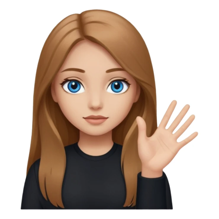 A girl with makeup, long light brown hair, blue eyes, with her palm up. with black clothes sticker