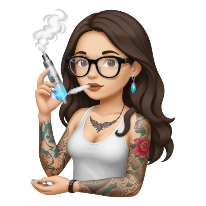 Brunette with long hair, slippers, glasses, tattooed arm, vaping sticker