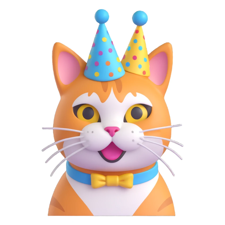 3D emoji style cat with a party hat, friendly expression, joyful and inviting sticker
