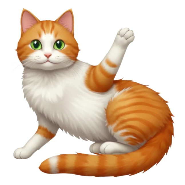 ginger and white cat with green eyes doing a big extremely long stretch reaching up into the air with arms and legs side by side together straight and overextended whilst lying on its side sticker