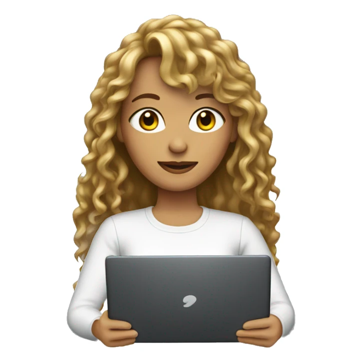 A woman with long permed hair with bangs holding a laptop sticker