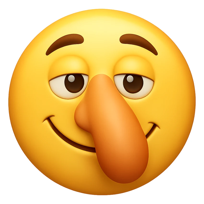 Create a yellow smiley face emoji with a large nose and the same facial expression as the reference image. The style should be 3D iOS emoji style, capturing the exact look and feel of the original emoji. sticker