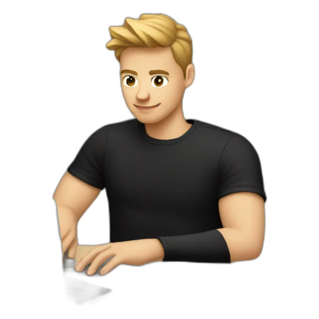 young white cool designer working on laptop no glasses wearing black t shirt sticker
