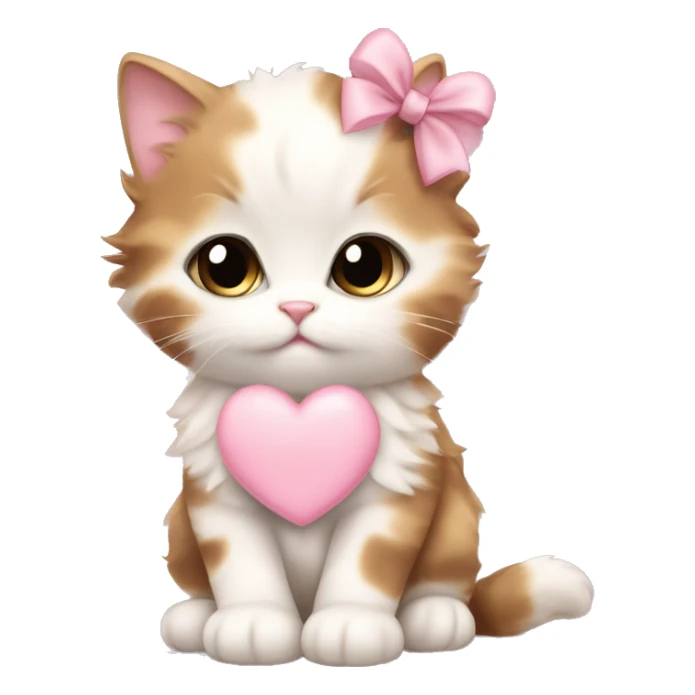 calico fluffy fat kitten with pale pink bow holding a pale pink heart sticker