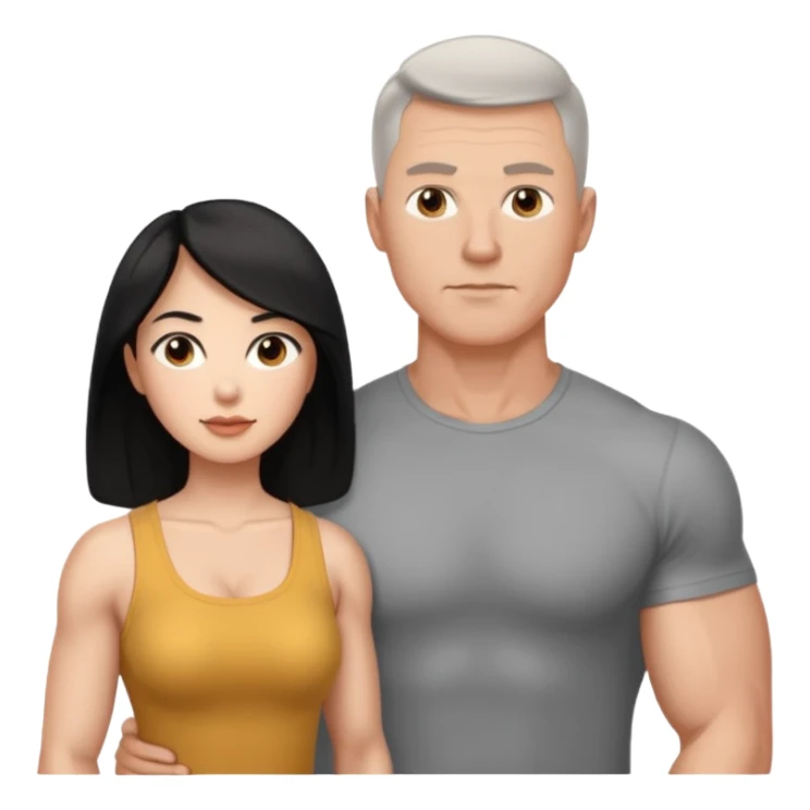 white dad with short buzzed fade brunette, 35 years old and muscular. standing net to asian whife with long black hair and big brown eyes.   sticker
