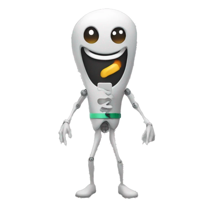 A sentient vape with arms legs and a face sticker