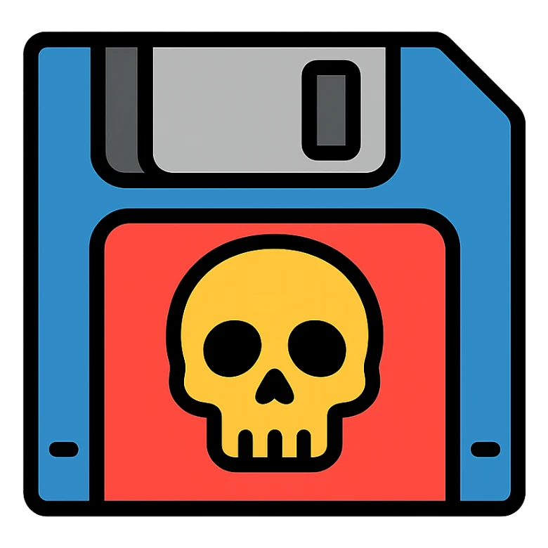 floppy disc with a skull motif, color outline icon sticker