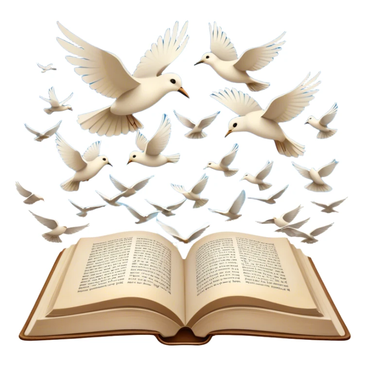 Icon for Poetry Reading: an open book with verses on the pages, from which fly pages transforming into a large flock of small white birds soaring into the blue sky. The icon should evoke the freedom and beauty of poetry. Transparent background. sticker