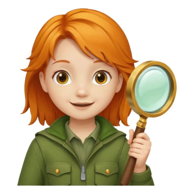 braid orange haired girl kid in moss green explorer outfit, holding magnifying glass, smile sticker