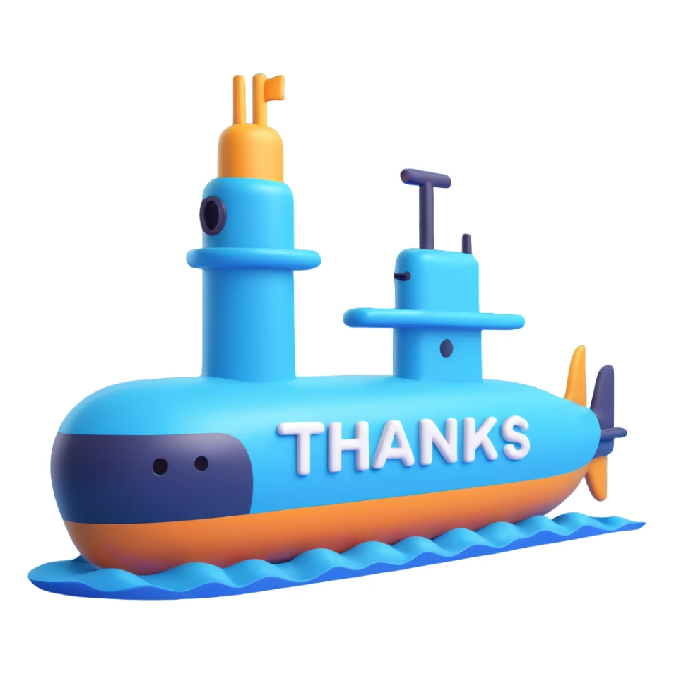 simple 3D submarine illustration with 'Thanks' in large letters, easy to read, fun style sticker