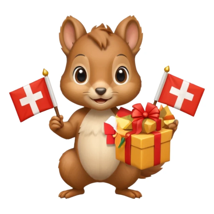 squirrel holding a gift in one hand and a Swiss flag in the other hand, cheerful expression sticker