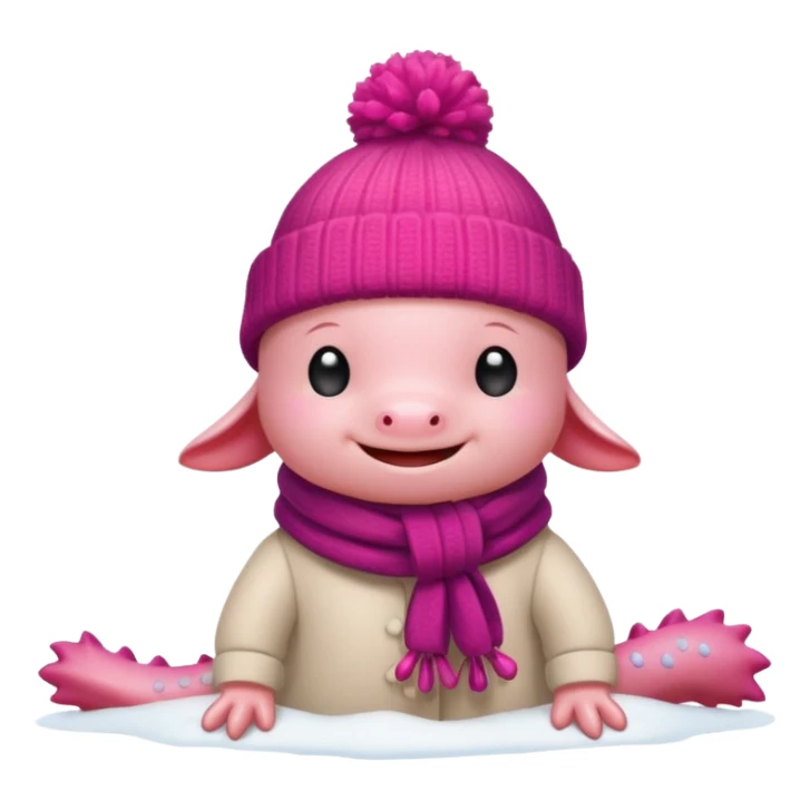 Axolotl playing in snow with winter clothes. sticker